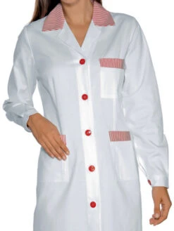 Blouse De Travail Manches Longues Positano Blanc Rayé Rouge 100% Coton -Travail Professionnels Vêtements Magasin blouse de travail manches longues positano blanc raye rouge 100 coton 1