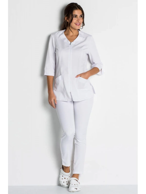 Blouse Esthéticienne Blanche Manches 3/4 Avec Fermeture éclair 5 Blouse Esthéticienne Blanche Manches 3/4 Avec Fermeture éclair – Image 3