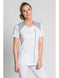 Blouse Médicale Blanche Et Grise Avec Fermeture éclair -Travail Professionnels Vêtements Magasin blouse medicale blanche et grise avec fermeture eclair 2