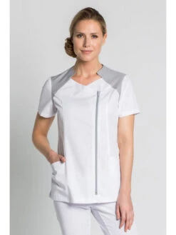 Blouse Médicale Blanche Et Grise Avec Fermeture éclair -Travail Professionnels Vêtements Magasin blouse medicale blanche et grise avec fermeture eclair 3