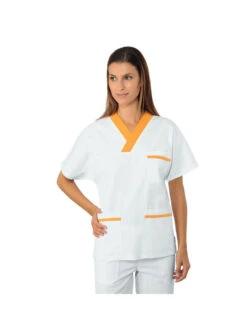 Casaque Médicale Col En V 100% Coton Unisexe Blanc Abricot