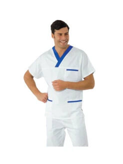 Casaque Médicale Col En V 100% Coton Unisexe Blanc Bleu Cyan