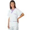 Casaque Médicale Col En V 100% Coton Unisexe Blanc Lilas