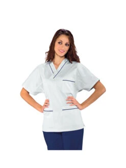 Casaque Médicale Col En V 100% Coton Unisexe Blanc Profilo Bleu
