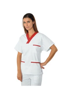 Casaque Médicale Col En V 100% Coton Unisexe Blanc Rouge
