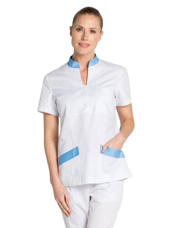 Blouse Médicale Col Mao Dyneke Blanc Bleu 3 Blouse Médicale Col Mao Dyneke Blanc Bleu