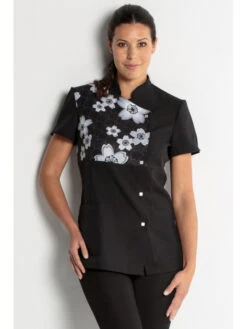 Blouse Noire Esthéticienne Col Mao, Natural -Travail Professionnels Vêtements Magasin blouse noire estheticienne col mao natural 2