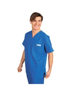 Casaque Médicale Manches Courtes Col En V 100% Coton Unisexe Bleu