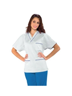 Casaque Médicale Col En V 100% Coton Unisexe Blanc Profilo Bleu Cyan