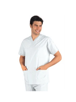 Casaque Médicale Col En V Microfibre Unisexe Blanc -Travail Professionnels Vêtements Magasin casaque medicale col en v microfibre unisexe blanc 2