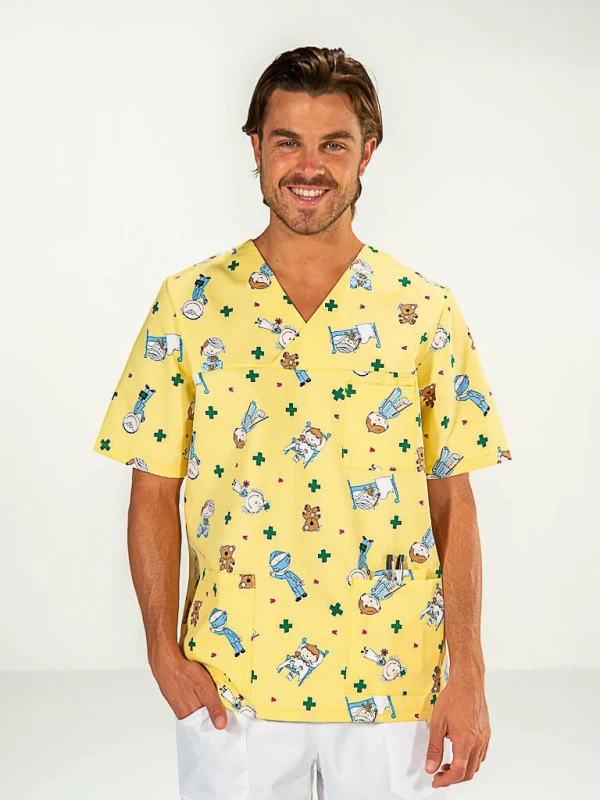 Casaque Pédiatrie Homme Manches Courtes Jaune Motifs JULES 3 Casaque Pédiatrie Homme Manches Courtes Jaune Motifs JULES