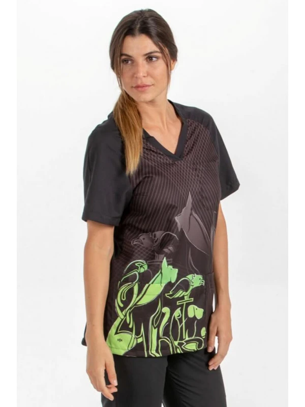 Casaque Vétérinaire Deperlante Motifs Animaux Gris Et Vert 4 Casaque Vétérinaire Deperlante Motifs Animaux Gris Et Vert – Image 2