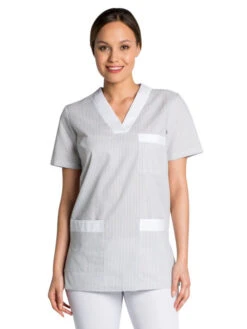 Tunique De Travail Femme à Manche Courte Gris Et Blanc