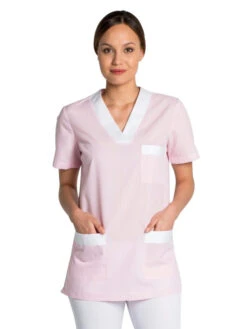 Tunique De Travail Femme à Manche Courte Rose Et Blanc