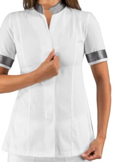 Tunique Esthéticienne Blanche Et Argenté Manches Courtes Isacco -Travail Professionnels Vêtements Magasin tunique estheticienne blanche et argente manches courtes isacco 1