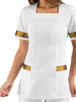 Tunique Esthéticienne Manches Courtes Blanc Et Doré Isacco -Travail Professionnels Vêtements Magasin tunique estheticienne manches courtes blanc et dore isacco 1
