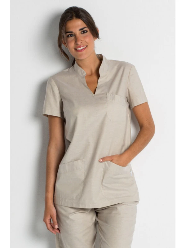 Tunique Médicale Col Mao Beige Clair 4 Tunique Médicale Col Mao Beige Clair – Image 2