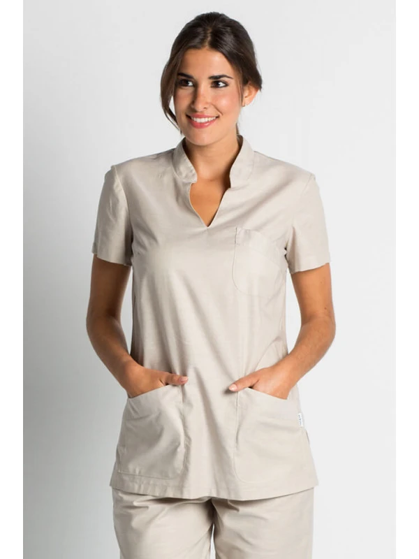 Tunique Médicale Col Mao Beige Clair 6 Tunique Médicale Col Mao Beige Clair – Image 4