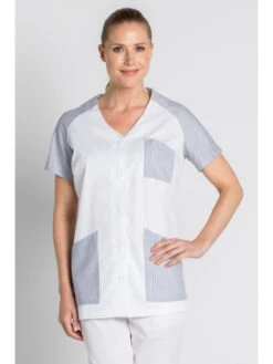 Tunique De Travail Femme Manches Courtes Blanc Et Gris Rayé