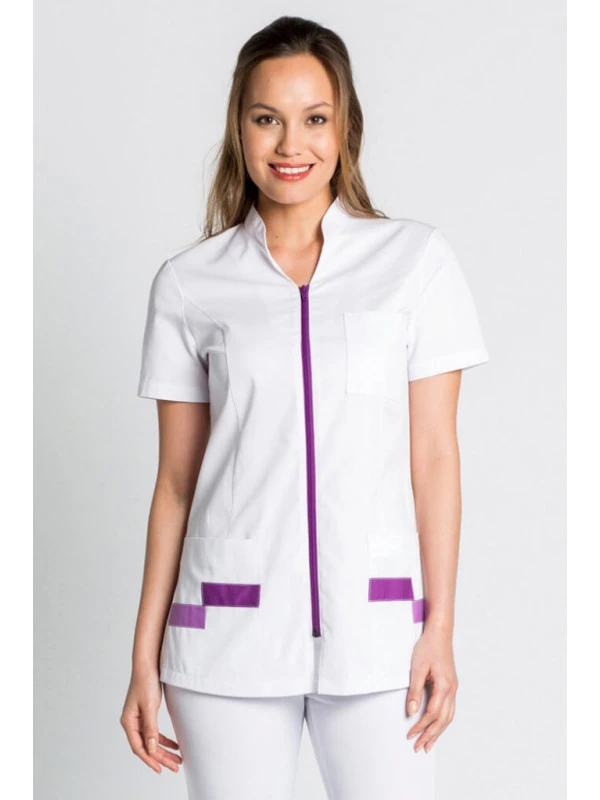 Tunique Médicale Manches Courtes Col Mao Blanc Violet 4 Tunique Médicale Manches Courtes Col Mao Blanc Violet – Image 2