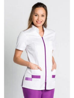 Tunique Médicale Manches Courtes Col Mao Blanc Violet