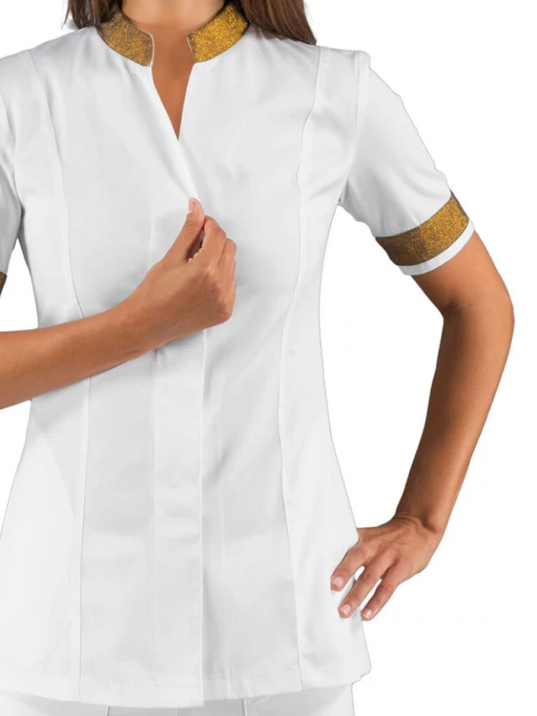 Tunique Métiers De Santé Blanc Et Doré Col Mao Isacco 4 Tunique Métiers De Santé Blanc Et Doré Col Mao Isacco – Image 2