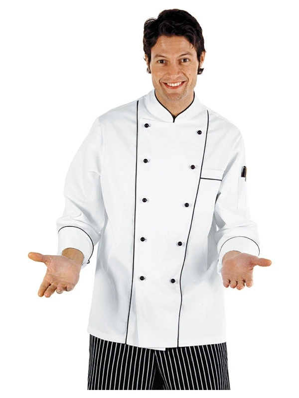 Veste De Chef Cuisinier à Boutons Blanc Noir 4 Veste De Chef Cuisinier à Boutons Blanc Noir – Image 2