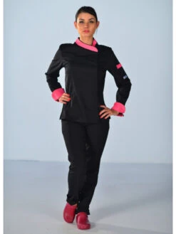 Veste De Cuisine Femme Noire Et Rose à Manches Longues -Travail Professionnels Vêtements Magasin veste de cuisine femme noire et rose manches longues 2