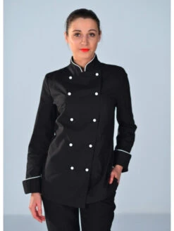 Veste De Cuisine Noire Et Blanche Pour Femme -Travail Professionnels Vêtements Magasin veste de cuisine noire et blanche pour femme 3