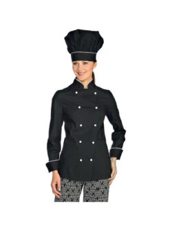 Veste De Cuisine Noire Et Blanche Pour Femme -Travail Professionnels Vêtements Magasin veste de cuisine noire et blanche pour femme 4