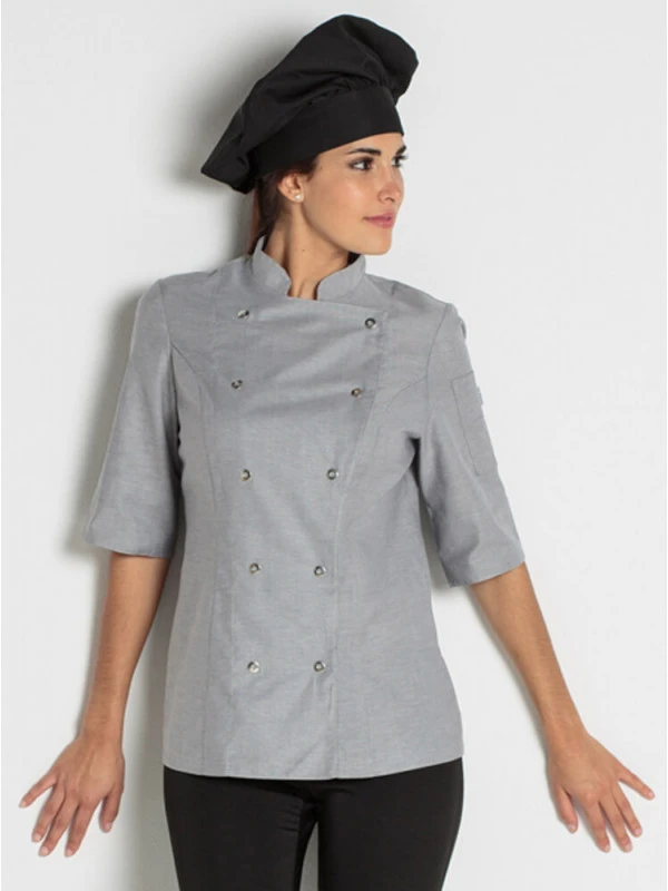 Veste Grise De Cuisine Manches 3/4 Lady Chef Look 5 Veste Grise De Cuisine Manches 3/4 Lady Chef Look – Image 3