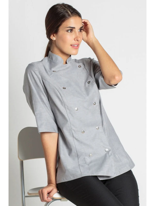 Veste Grise De Cuisine Manches 3/4 Lady Chef Look 6 Veste Grise De Cuisine Manches 3/4 Lady Chef Look – Image 4
