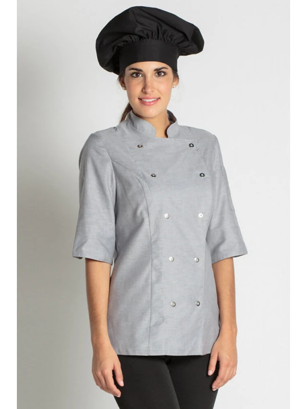 Veste Grise De Cuisine Manches 3/4 Lady Chef Look 7 Veste Grise De Cuisine Manches 3/4 Lady Chef Look – Image 5