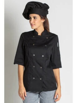 Veste Noire De Cuisine Manches 3/4 Lady Chef Look -Travail Professionnels Vêtements Magasin veste noire de cuisine manches 3 4 lady chef look 3
