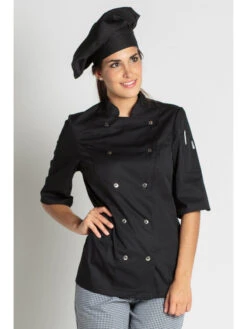 Veste Noire De Cuisine Manches 3/4 Lady Chef Look -Travail Professionnels Vêtements Magasin veste noire de cuisine manches 3 4 lady chef look 4